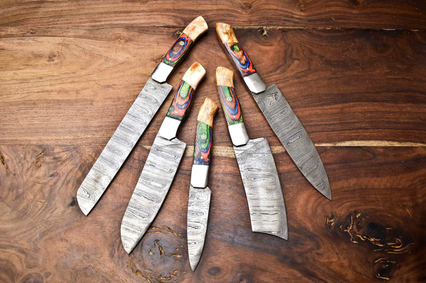 Lot of 5 Handmade Hammered Damascus Steel Chef Knives – 384 Layers, Full Tang, 58–60 HRC