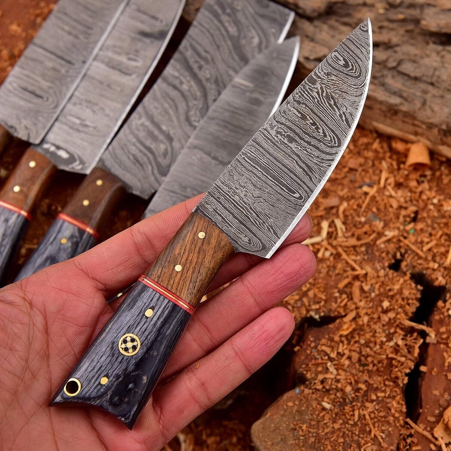 Set of 5 Handmade Damascus Chef Knives | Custom Kitchen Knife Set with Leather Roll