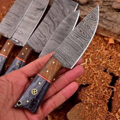 Set of 5 Handmade Damascus Chef Knives | Custom Kitchen Knife Set with Leather Roll