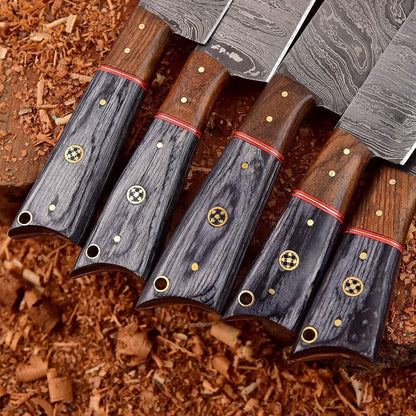 Set of 5 Handmade Damascus Chef Knives | Custom Kitchen Knife Set with Leather Roll