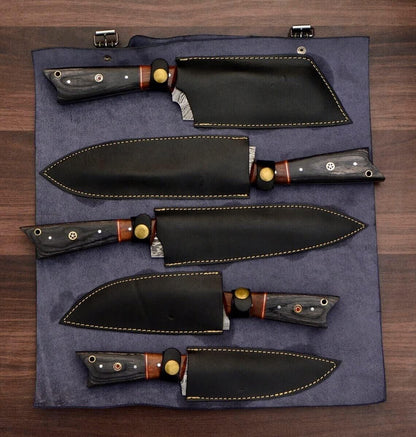 Set of 5 Handmade Damascus Chef Knives | Custom Kitchen Knife Set with Leather Roll