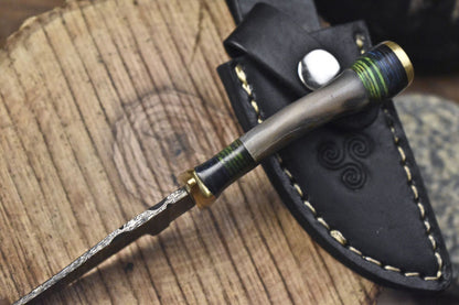 Twist Damascus Skinner Knife with Ram’s Horn Handle – Custom Outdoor Fixed Blade