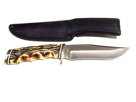 9.75" Skinner Knife – Stainless Steel Wide Belly Blade, Imitation Stag Handle, Nylon Sheath