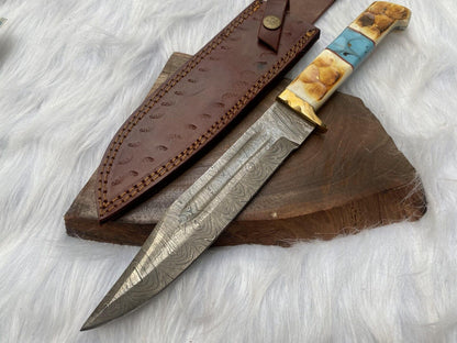 13" Handmade Damascus Bowie Knife – Camel Bone Handle with Leather Sheath