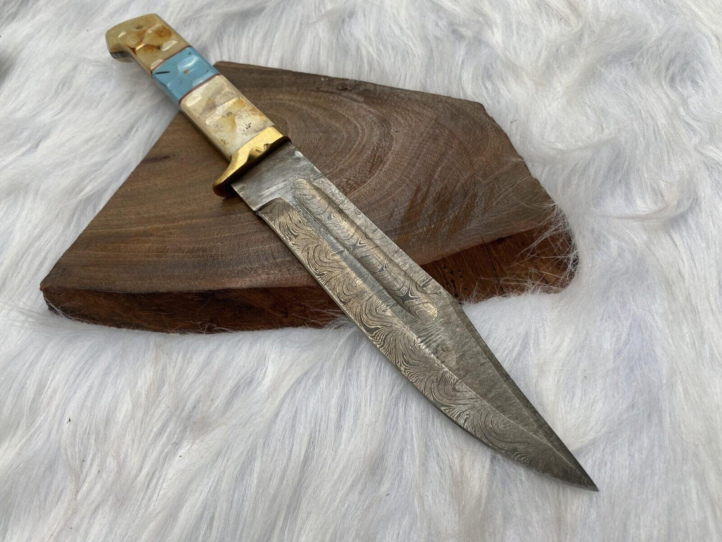 13" Handmade Damascus Bowie Knife – Camel Bone Handle with Leather Sheath