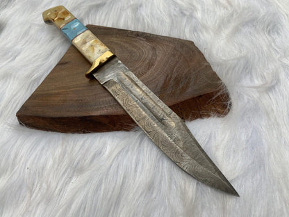 13" Handmade Damascus Bowie Knife – Camel Bone Handle with Leather Sheath
