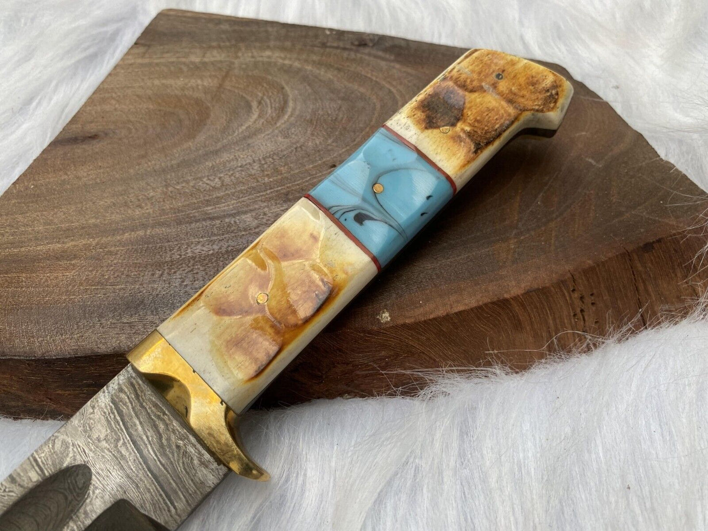 13" Handmade Damascus Bowie Knife – Camel Bone Handle with Leather Sheath