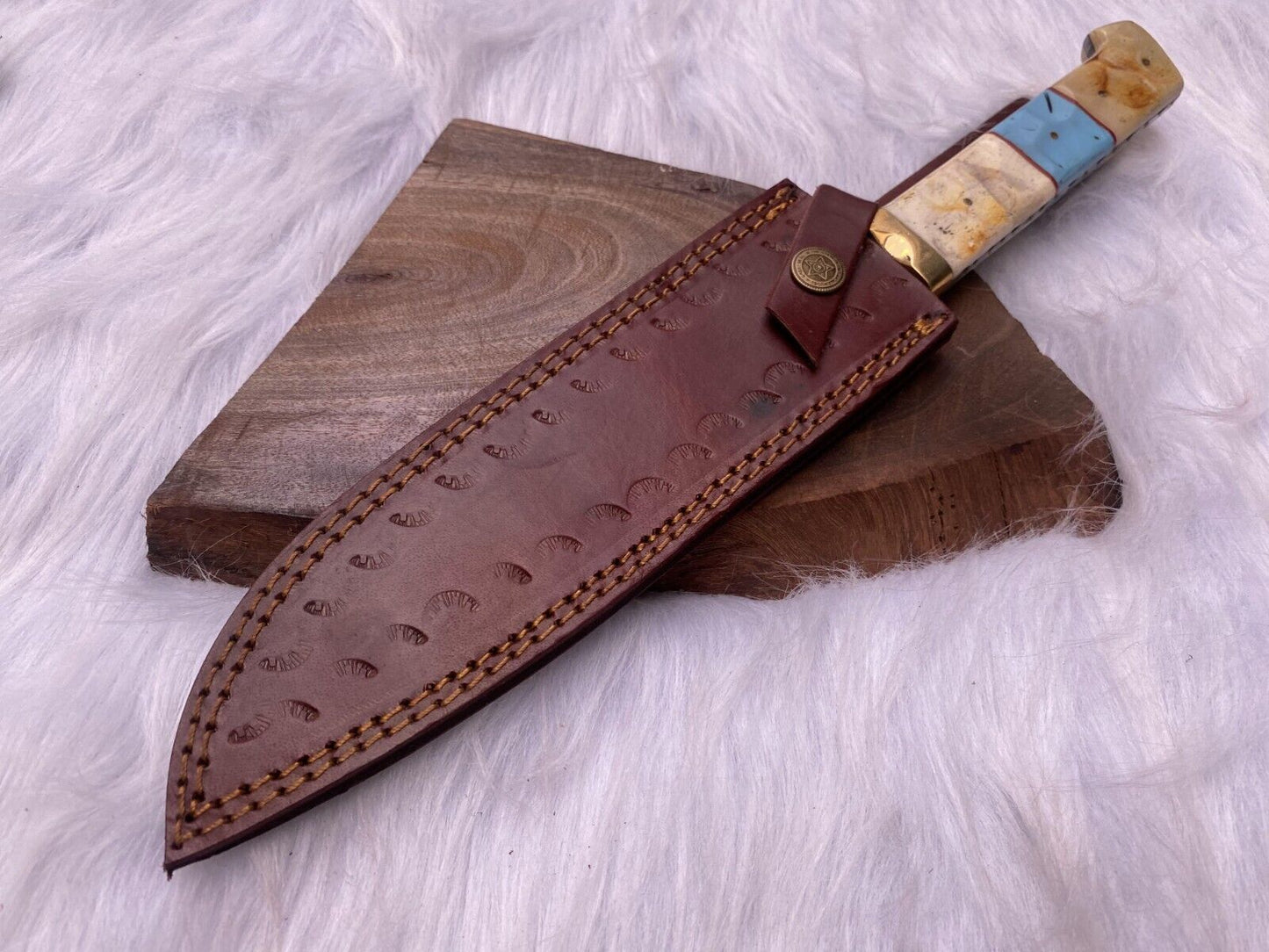 13" Handmade Damascus Bowie Knife – Camel Bone Handle with Leather Sheath