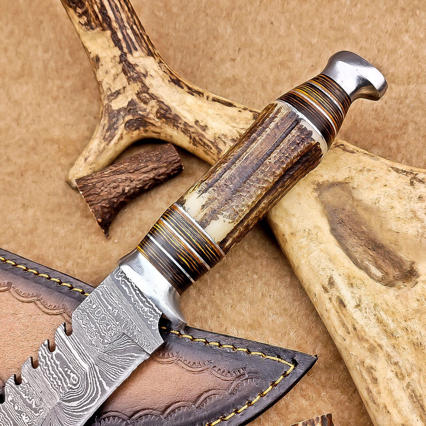 12 Inch Handmade Damascus Steel Bowie Knife with Stag Antler Handle