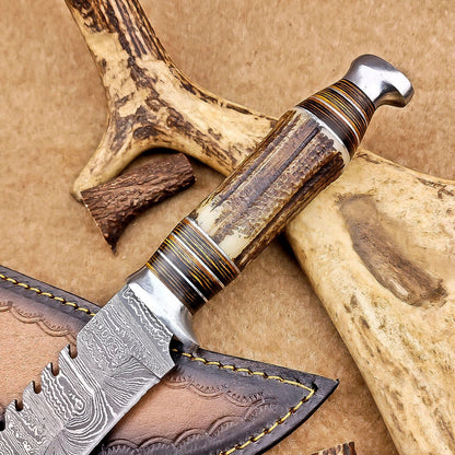 12 Inch Handmade Damascus Steel Bowie Knife with Stag Antler Handle