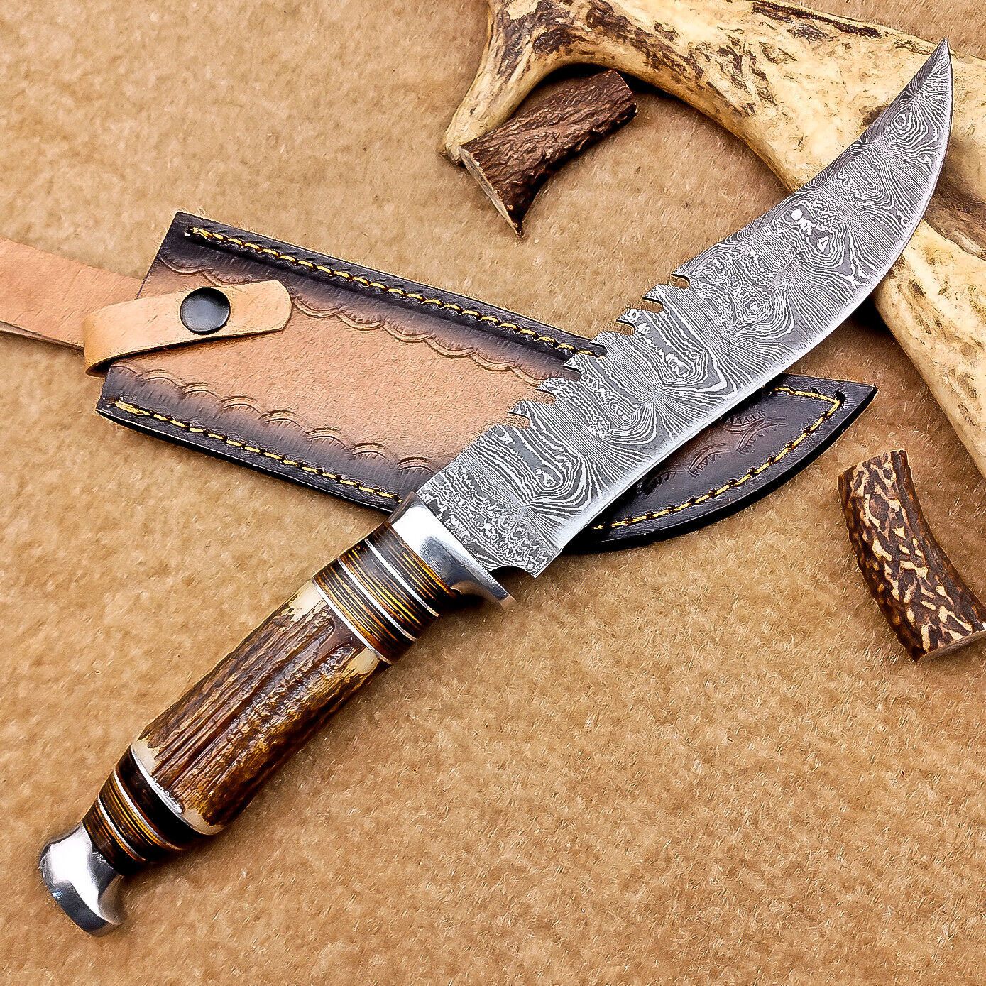 12 Inch Handmade Damascus Steel Bowie Knife with Stag Antler Handle