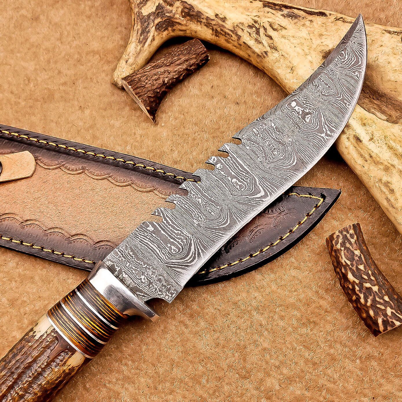 12 Inch Handmade Damascus Steel Bowie Knife with Stag Antler Handle