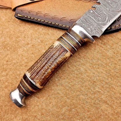 12 Inch Handmade Damascus Steel Bowie Knife with Stag Antler Handle