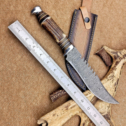 12 Inch Handmade Damascus Steel Bowie Knife with Stag Antler Handle
