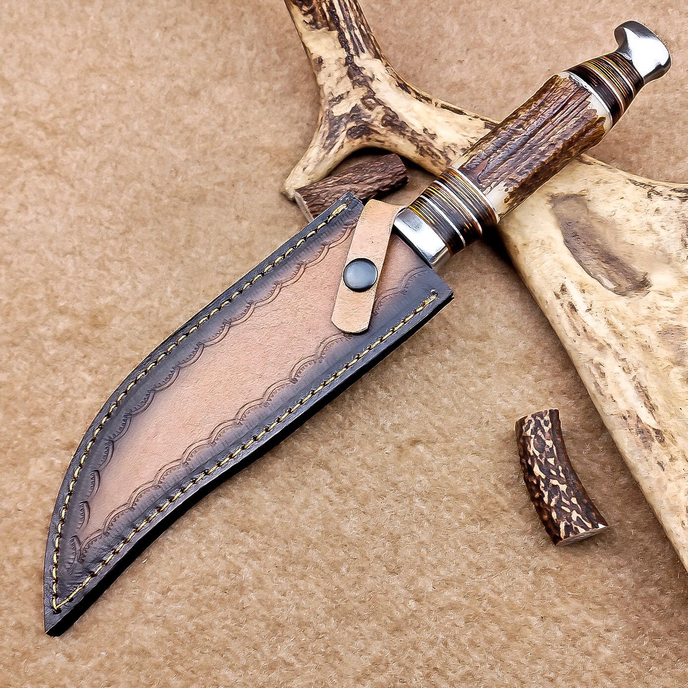 12 Inch Handmade Damascus Steel Bowie Knife with Stag Antler Handle