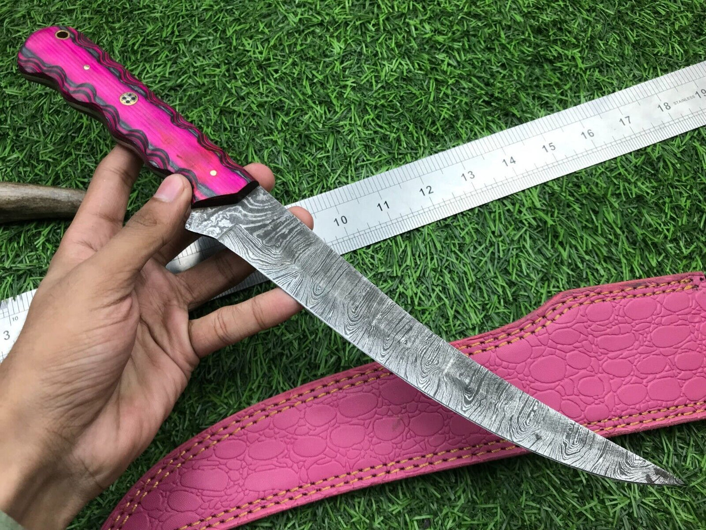 14'' Custom Handmade Damascus Steel Fillet Knife & Best Fillet Knife Pakka Wood Handle W/Sheath