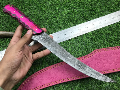 14'' Custom Handmade Damascus Steel Fillet Knife & Best Fillet Knife Pakka Wood Handle W/Sheath