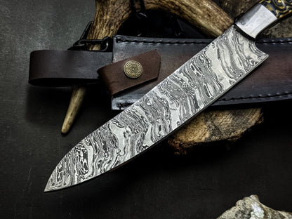Handmade Damascus Steel Chef Knife with Wood Handle & Cowhide Sheath – Full Tang Kitchen Knife