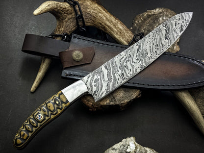 Handmade Damascus Steel Chef Knife with Wood Handle & Cowhide Sheath – Full Tang Kitchen Knife