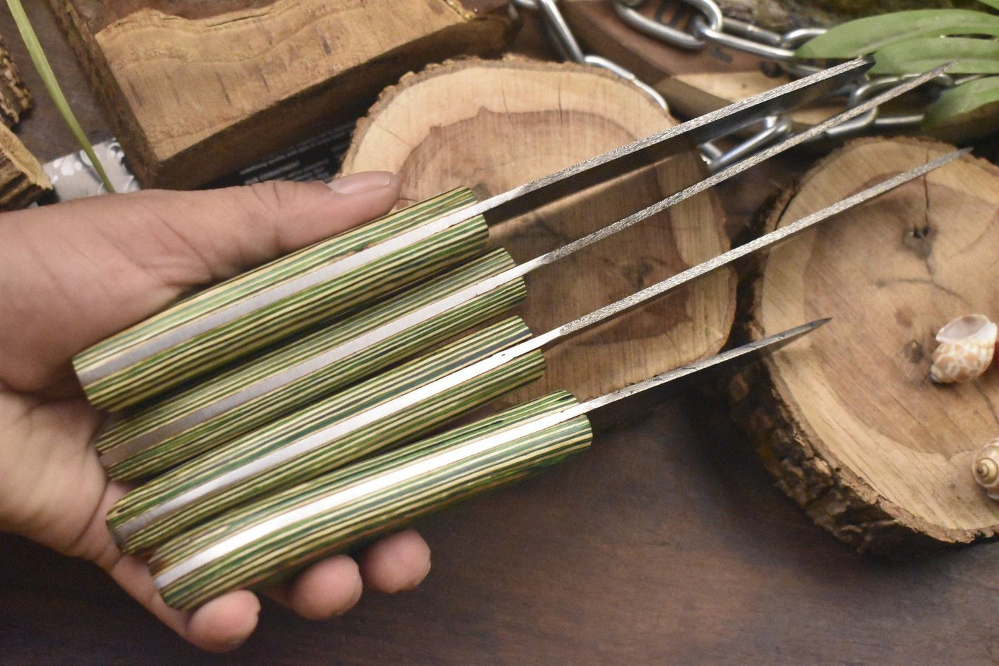 Hot Item Chef Knife Set – Twist Damascus Steel with Hardwood Handles, Lot of 4 Outdoor Knives