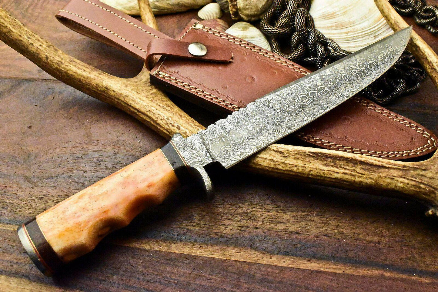 15" Damascus Steel Bowie Knife – Tinted Camel Bone Handle