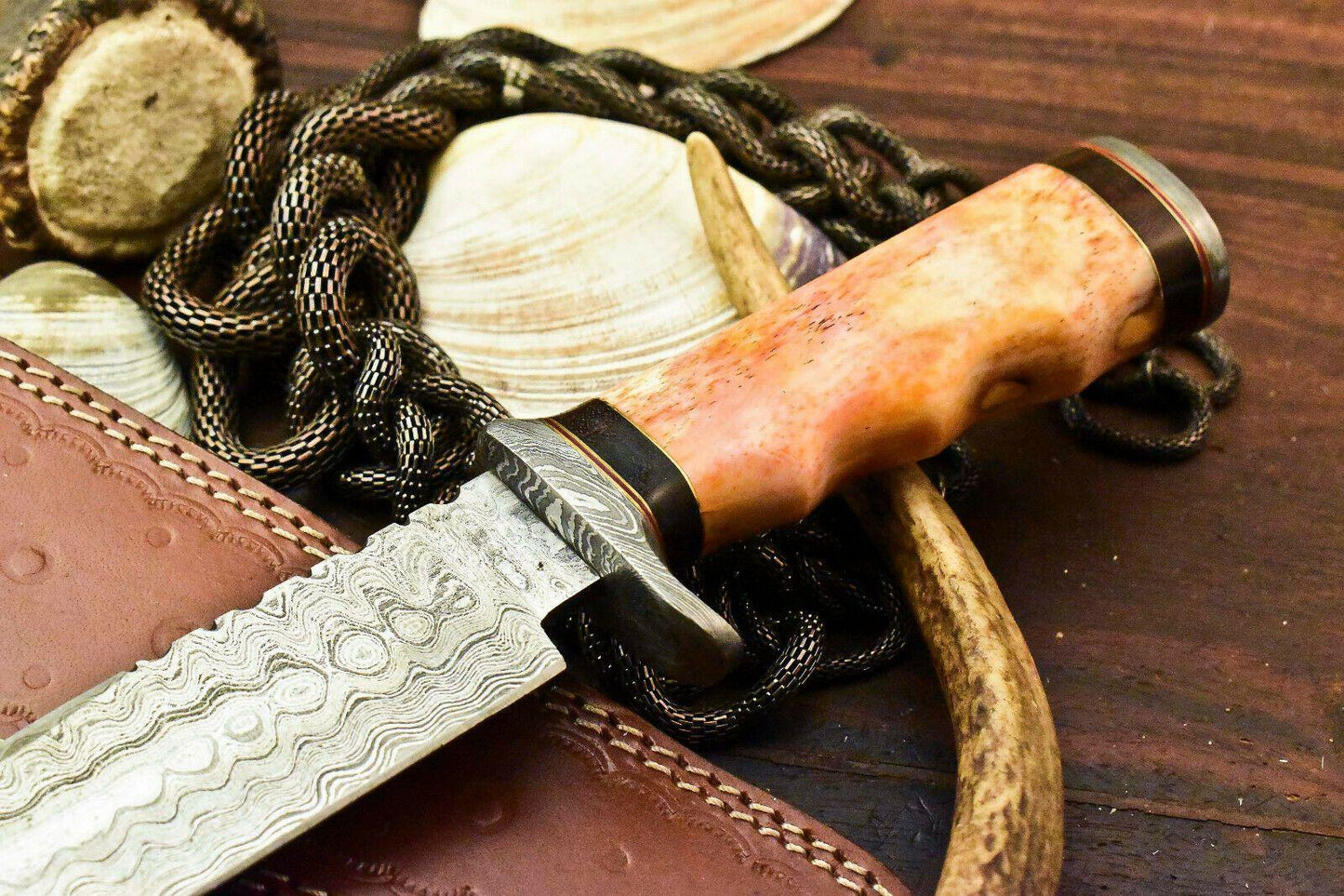 15" Damascus Steel Bowie Knife – Tinted Camel Bone Handle