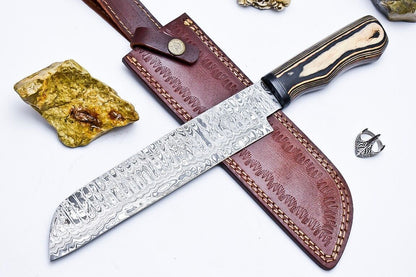 Custom Handmade Damascus Hunting/Chef Knife – 9.2" Knife with Hard Pakka Wood Handle & Leather Sheath