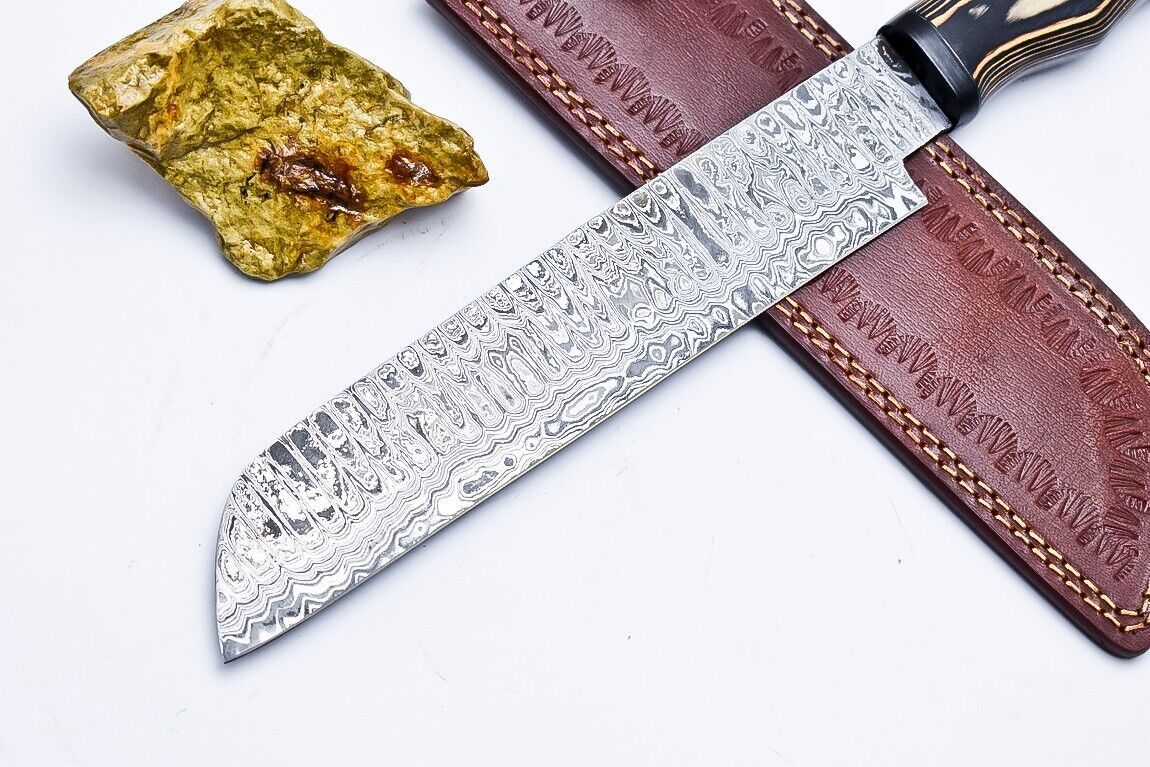 Custom Handmade Damascus Hunting/Chef Knife – 9.2" Knife with Hard Pakka Wood Handle & Leather Sheath