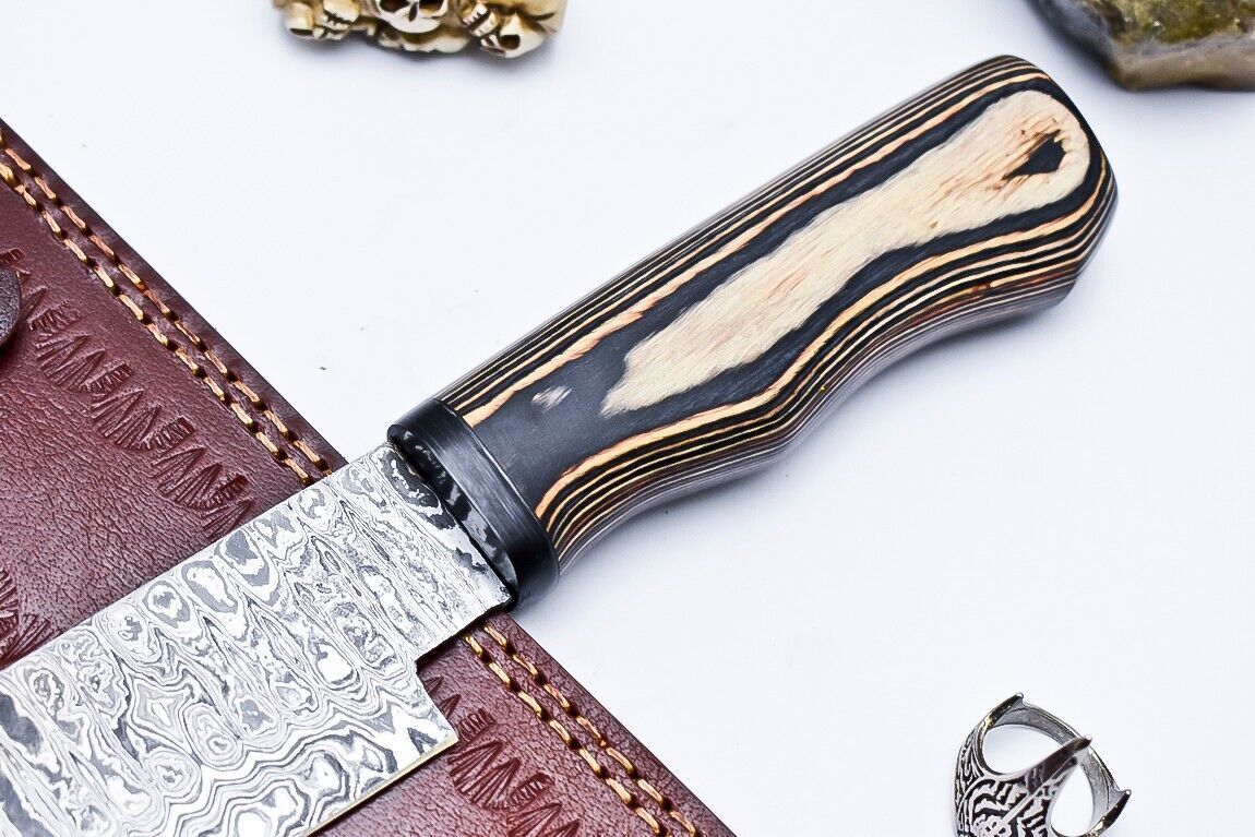 Custom Handmade Damascus Hunting/Chef Knife – 9.2" Knife with Hard Pakka Wood Handle & Leather Sheath