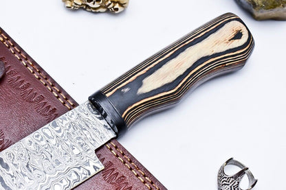 Custom Handmade Damascus Hunting/Chef Knife – 9.2" Knife with Hard Pakka Wood Handle & Leather Sheath