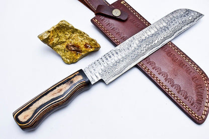 Custom Handmade Damascus Hunting/Chef Knife – 9.2" Knife with Hard Pakka Wood Handle & Leather Sheath