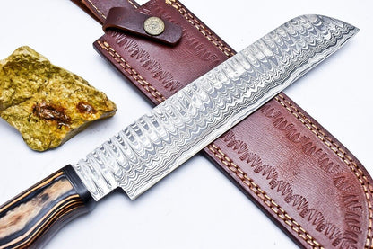 Custom Handmade Damascus Hunting/Chef Knife – 9.2" Knife with Hard Pakka Wood Handle & Leather Sheath