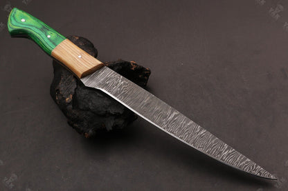 13.5" Handmade Damascus Steel Fillet Knife Best Fillet Knife With Leather Sheath