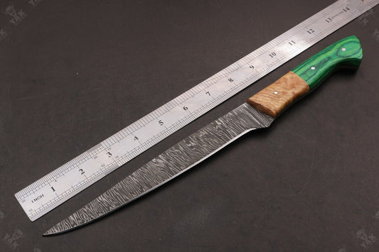 13.5" Handmade Damascus Steel Fillet Knife Best Fillet Knife With Leather Sheath