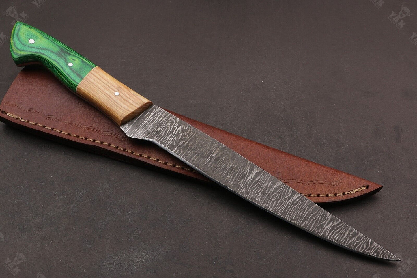 13.5" Handmade Damascus Steel Fillet Knife Best Fillet Knife With Leather Sheath