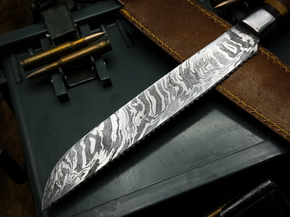 Handmade Damascus Steel Kitchen Chef Cutting Knife with Wood Handle & Leather Sheath