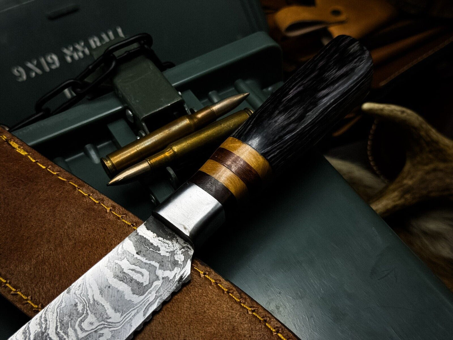 Handmade Damascus Steel Kitchen Chef Cutting Knife with Wood Handle & Leather Sheath