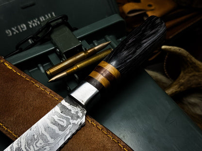 Handmade Damascus Steel Kitchen Chef Cutting Knife with Wood Handle & Leather Sheath