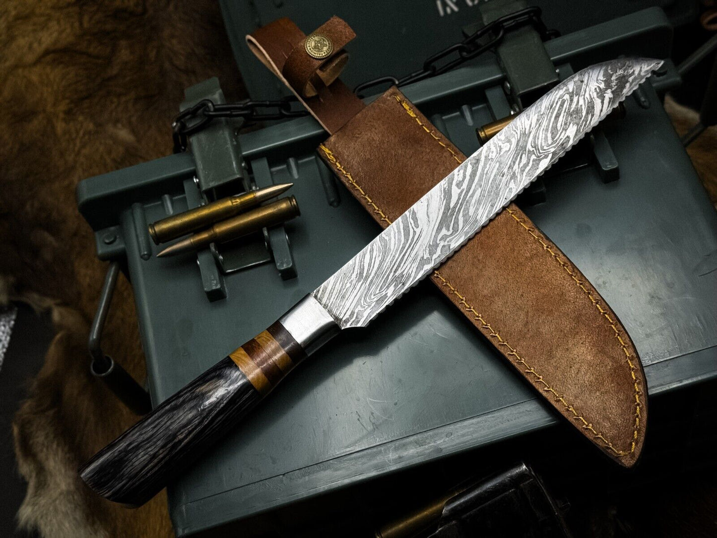Handmade Damascus Steel Kitchen Chef Cutting Knife with Wood Handle & Leather Sheath