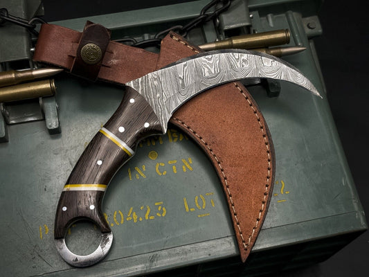 Handmade 8" Damascus Karambit Knife Damascus Steel Karambit with Wood Handle