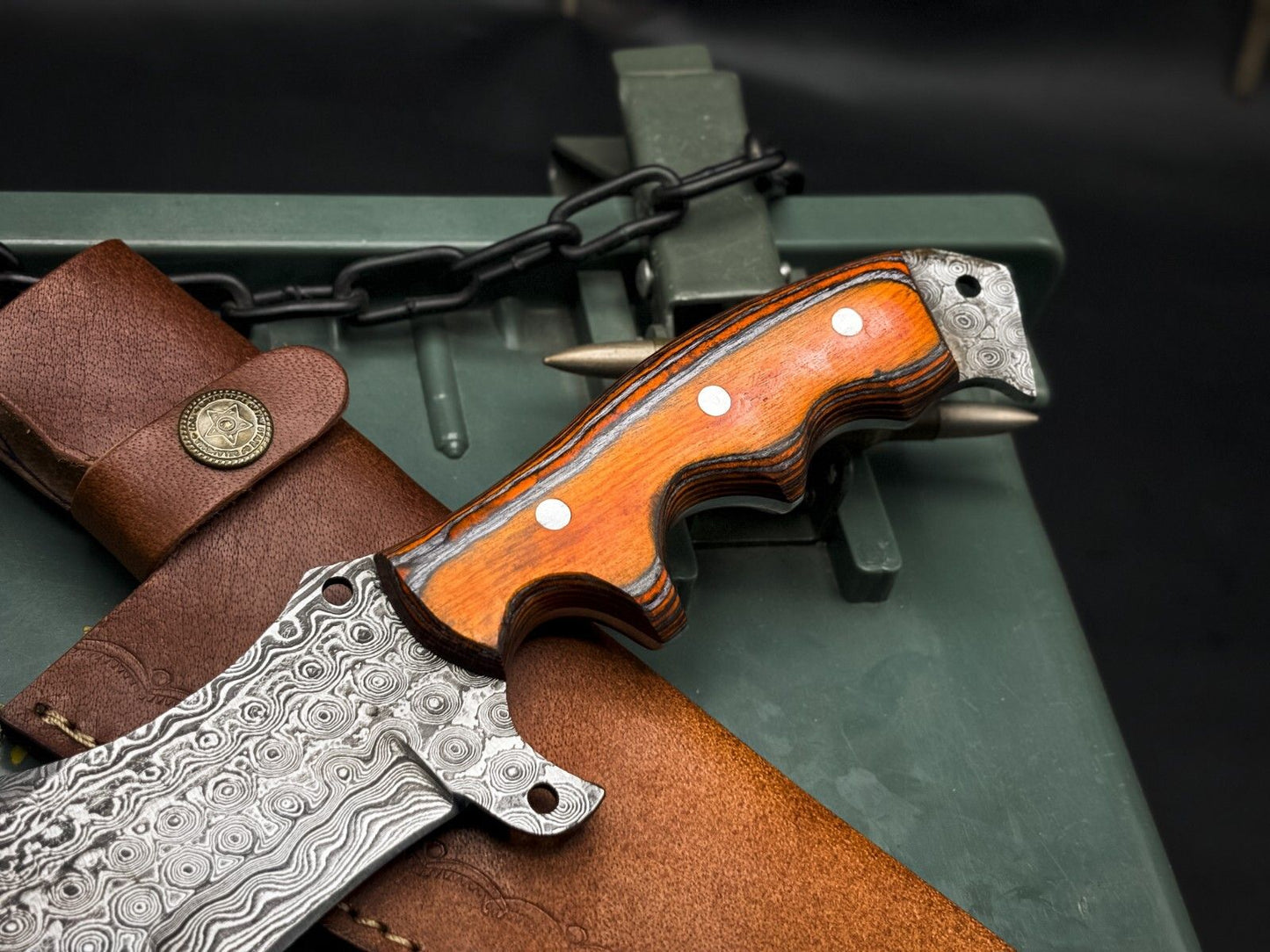Handmade Damascus Steel Hunting Tracker Knife with Wood and Cow Leather Sheath