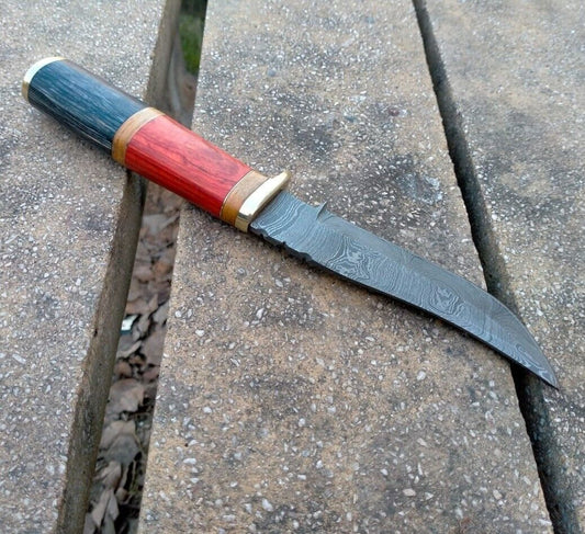 10" Damascus Steel Bowie Knife with Pakka Wood Handle – Handmade Full Tang Hunting Blade