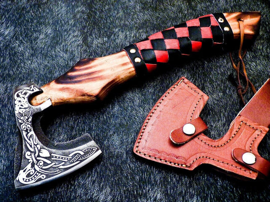 Hand Forged Steel Viking Bearded Camping Hatchet 14 Inch Natural Wood Handle with Leather Sheath