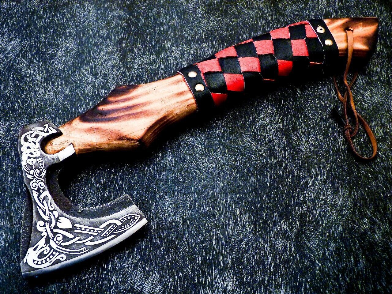 Hand Forged Steel Viking Bearded Camping Hatchet 14 Inch Natural Wood Handle with Leather Sheath