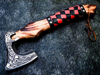 Hand Forged Steel Viking Bearded Camping Hatchet 14 Inch Natural Wood Handle with Leather Sheath