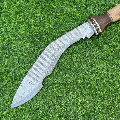 18” Handmade Damascus Kukri Bowie Knife | Hardwood Handle & Leather Sheath