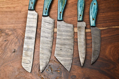 Lot of 5 Handmade Damascus Steel Blade Chef Set Knives