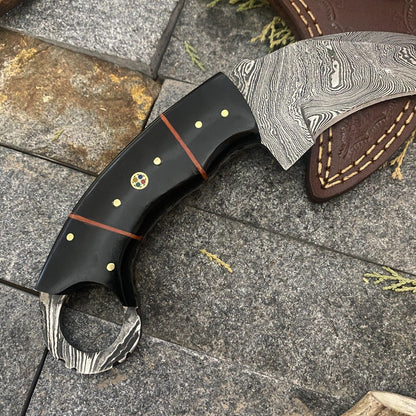 Damascus Karambit Bowie – 7" Handmade Hunting Knife with Bull Horn Handle & Leather Sheath
