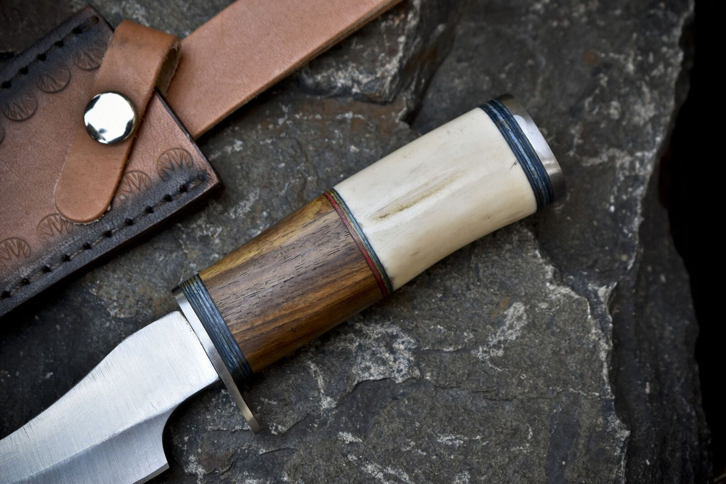 8" Hand Forged Skinner Knife | AUS-8 Steel Blade | Bone & Wood Handle with Steel Guard
