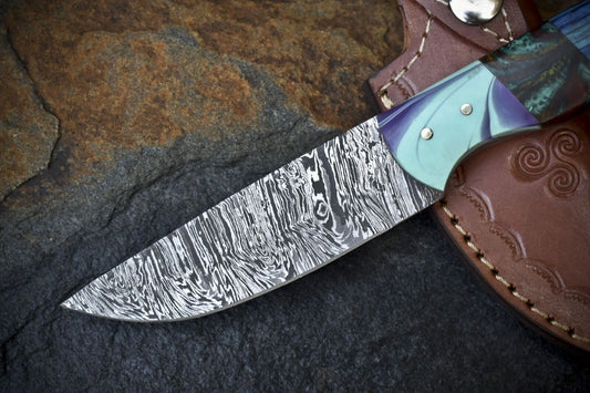 Twist Damascus Skinner Knife Mixed Material Handle Fixed Blade Hiking EDC